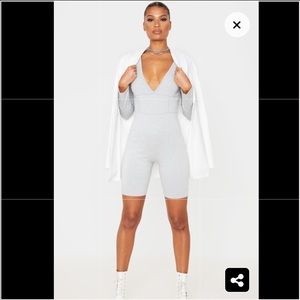 Grey Binding Detail Plunge Unitard brand new